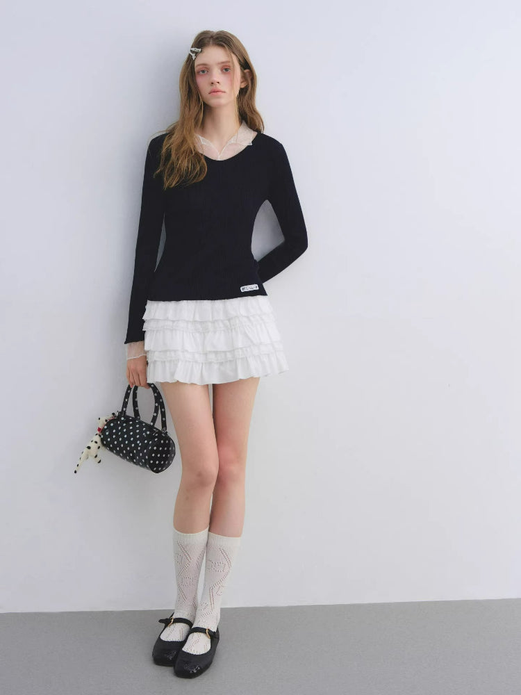 Polka Dot Mesh Wool Blend Knit Top