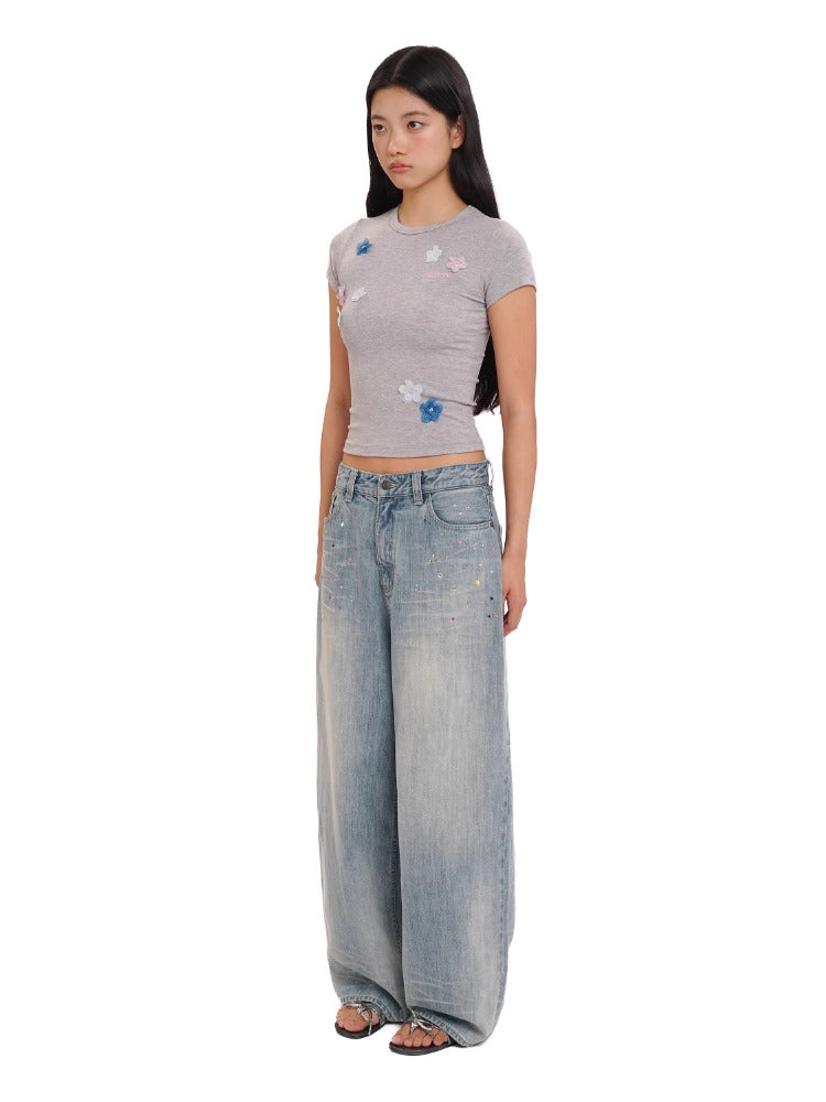 Rhinestone Pocket Embroidered Denim Capri Shorts/Long Pants
