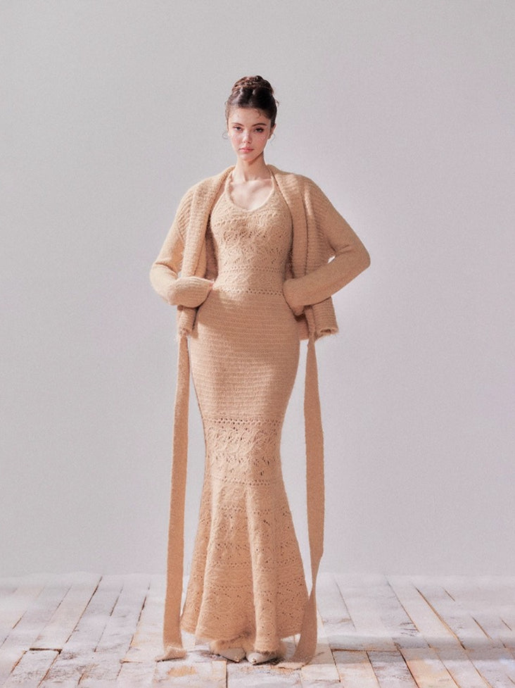 Fishtail Pencil Dress & Hollow Knit Cardigan Set