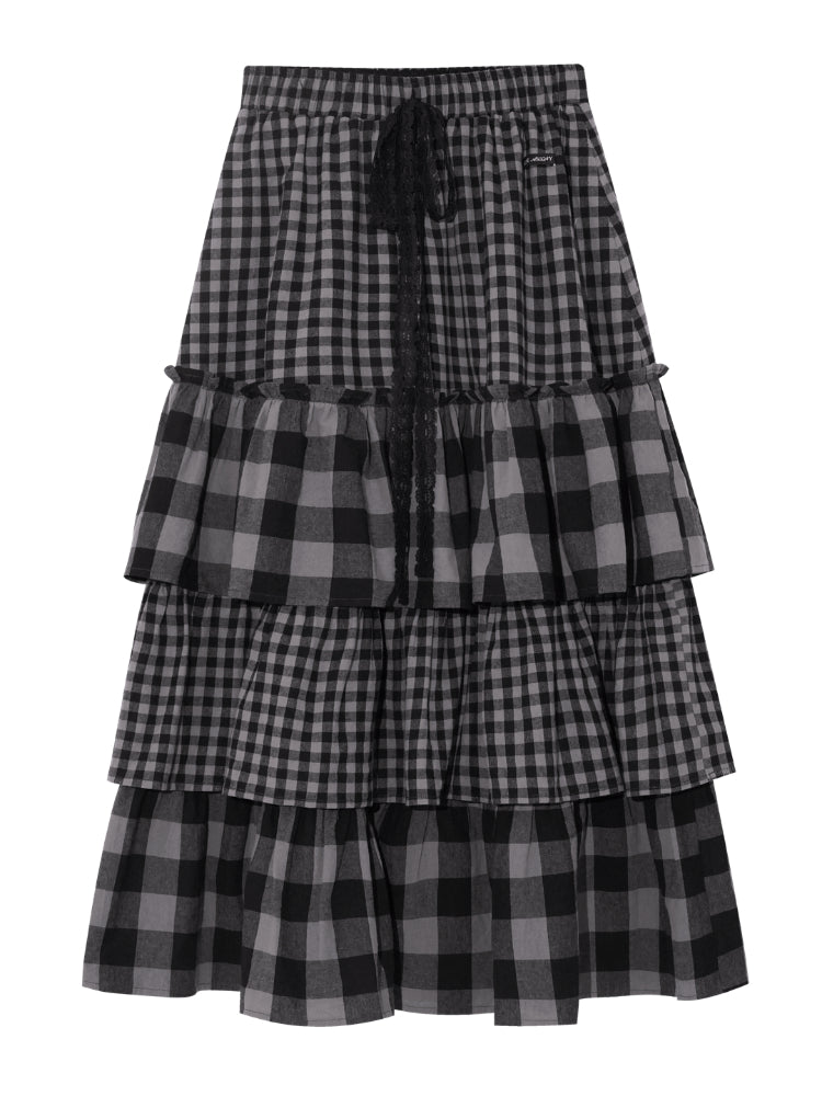 Plaid Patchwork Lace Waist Layered Cake Skirt