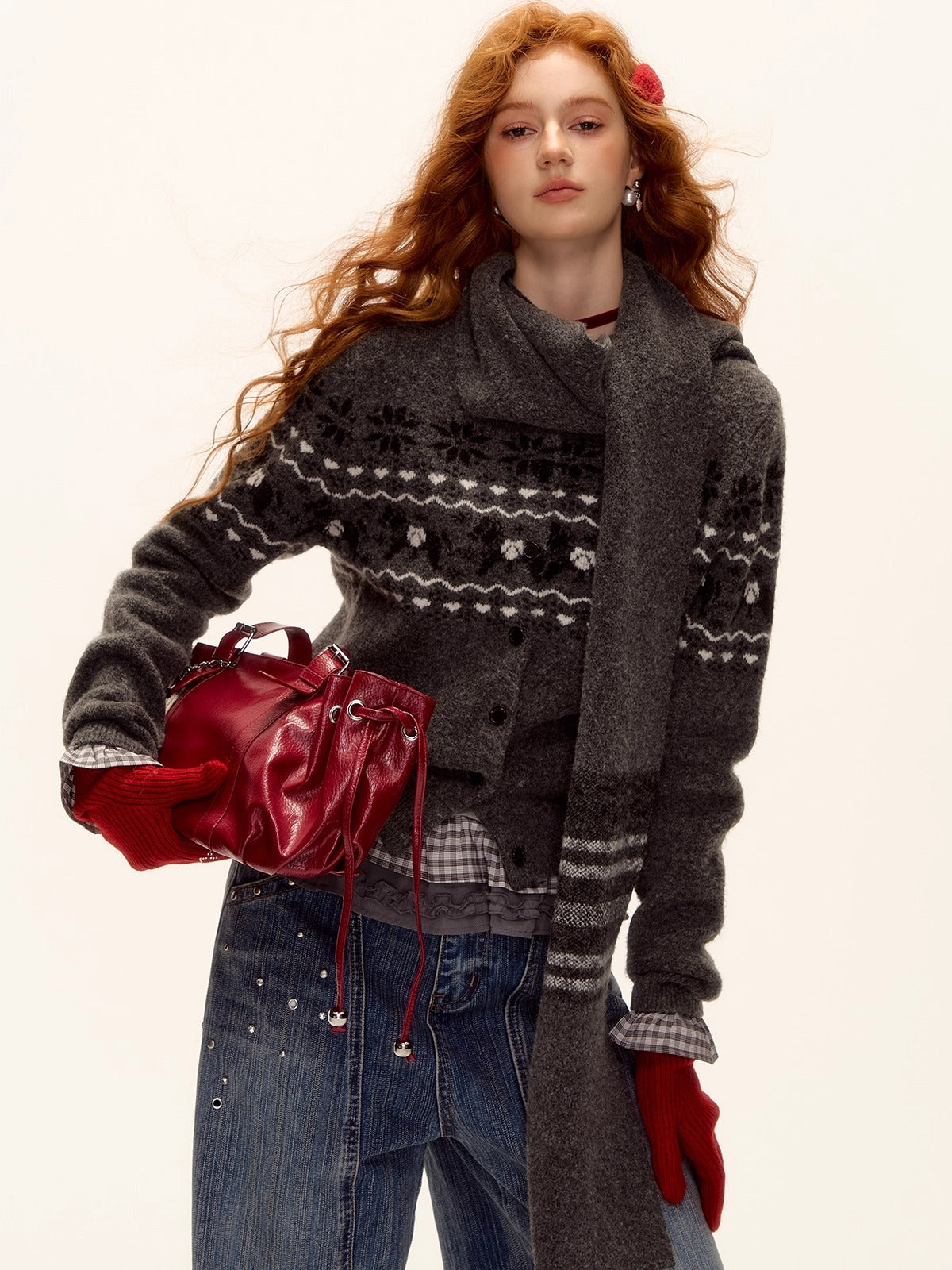 Fair Isle Knit Cardigan and Scarf Set