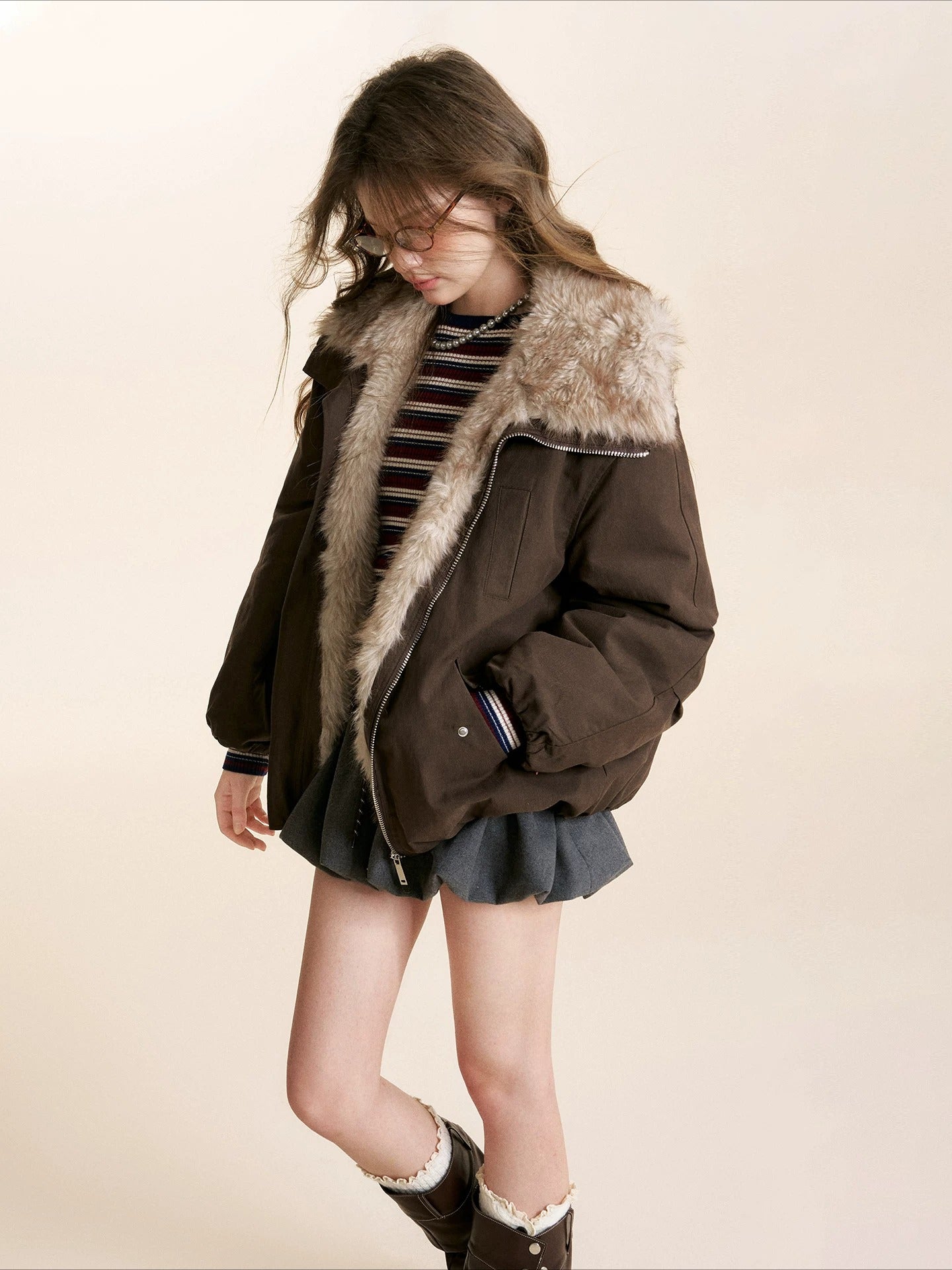 Brown & White Fur Collar Parka Jacket