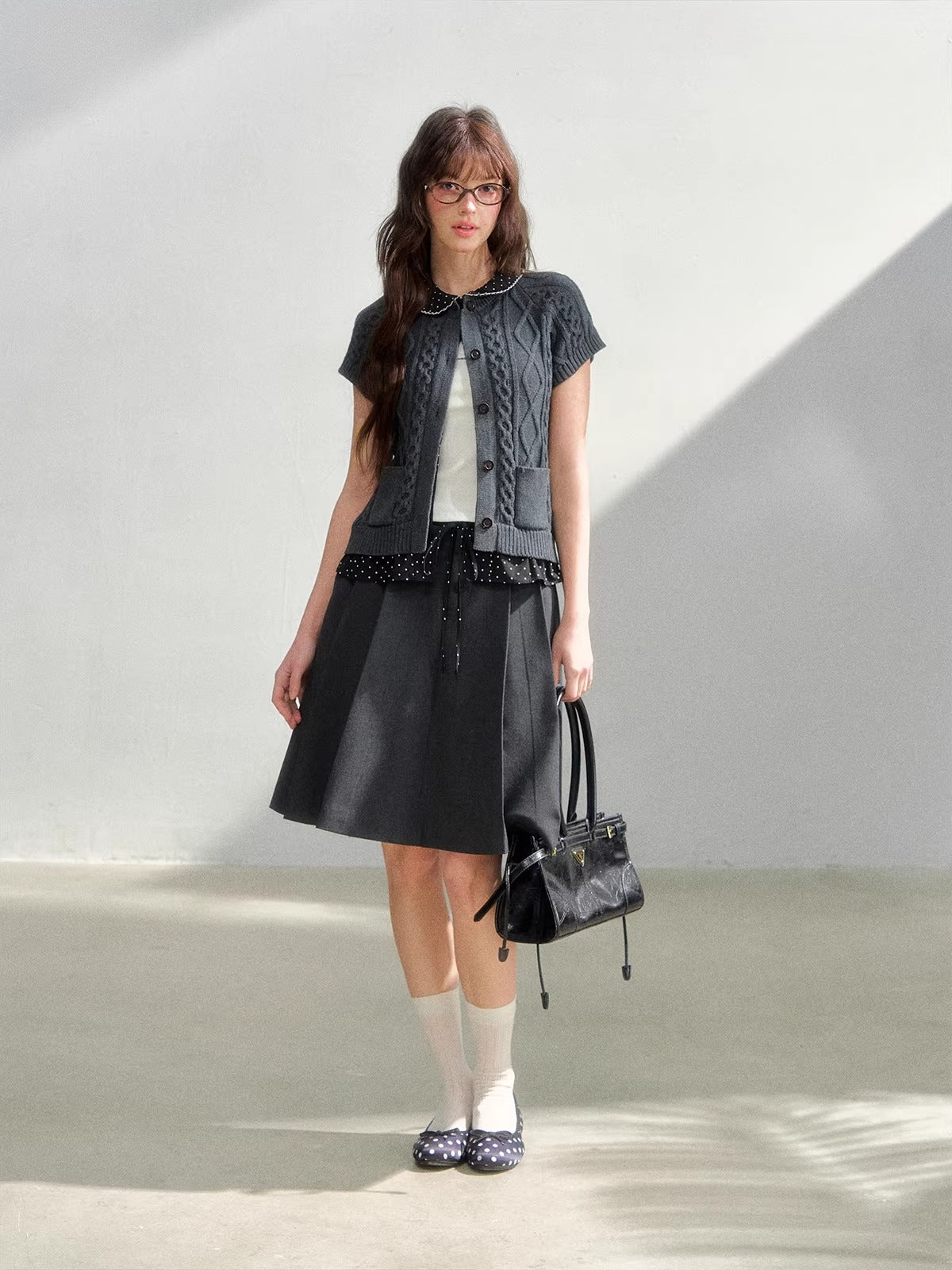 Gray Polka Pleated Midi Skirt