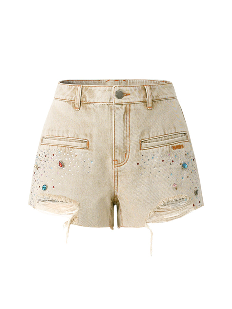 Embroidered Gradient Rhinestone Casual Shorts
