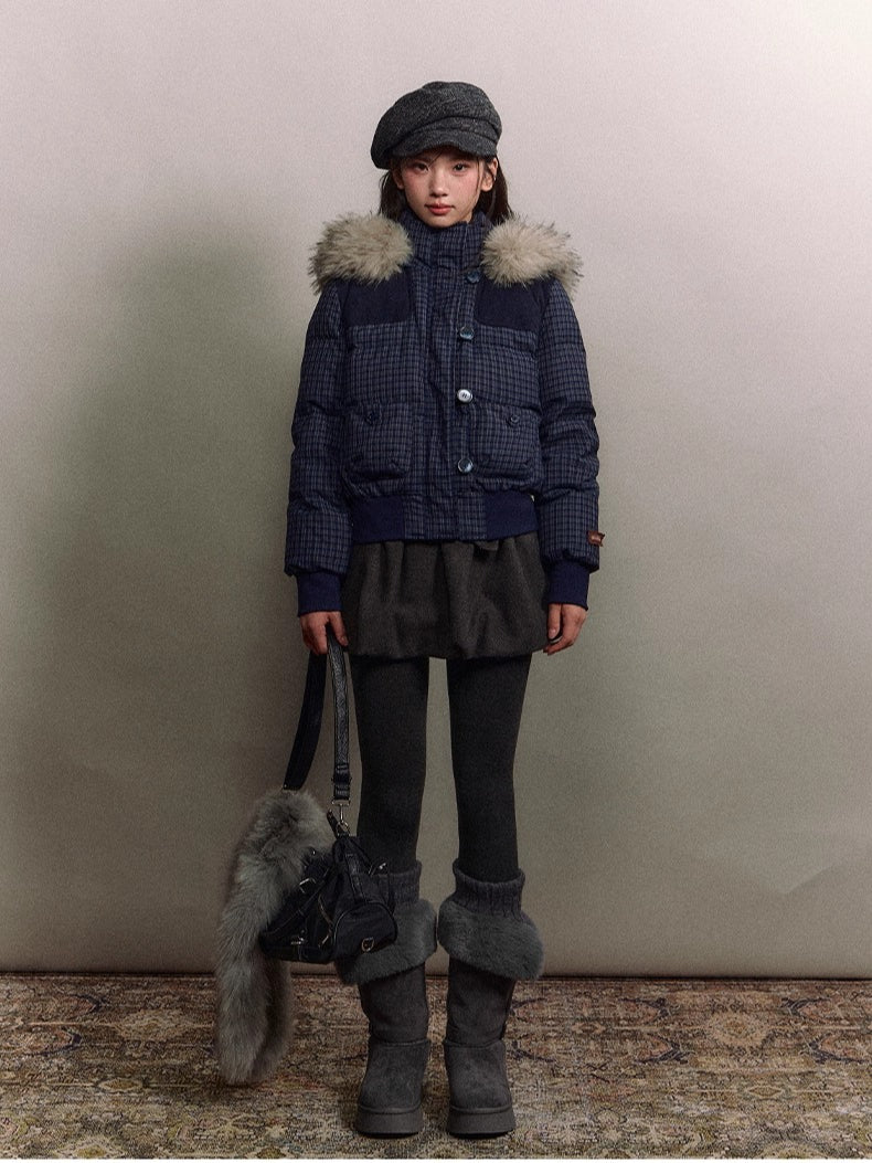 Faux Fur Collar Plaid Down Jacket