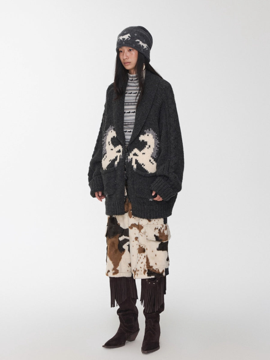 Pony Jacquard Horn-Button Chunky Cardigan