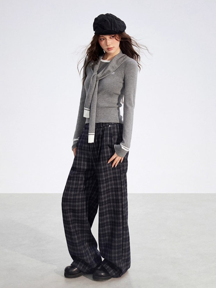 Gray Fleece Checkered Wide-Leg Pants