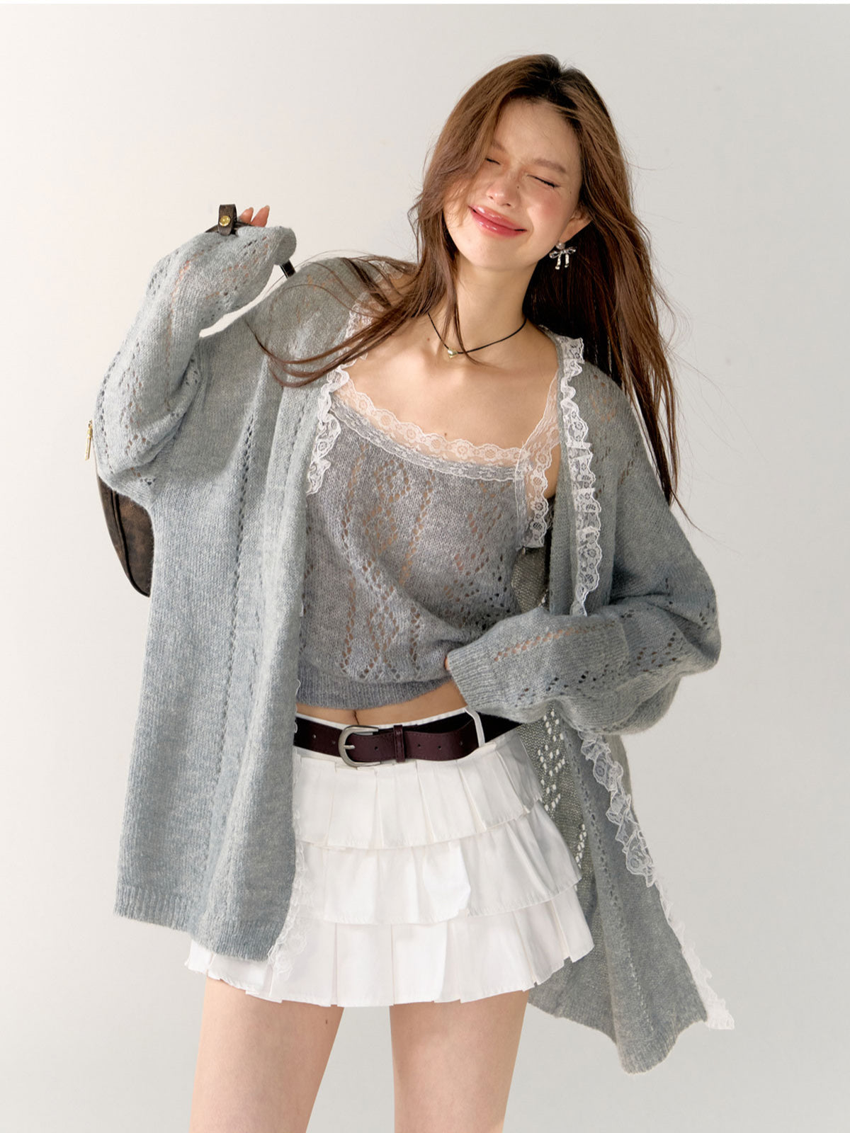 Gray & Purple Lace Trim Cardigan