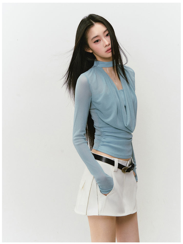 Chain Halter Draped Neck Fitted T-shirt
