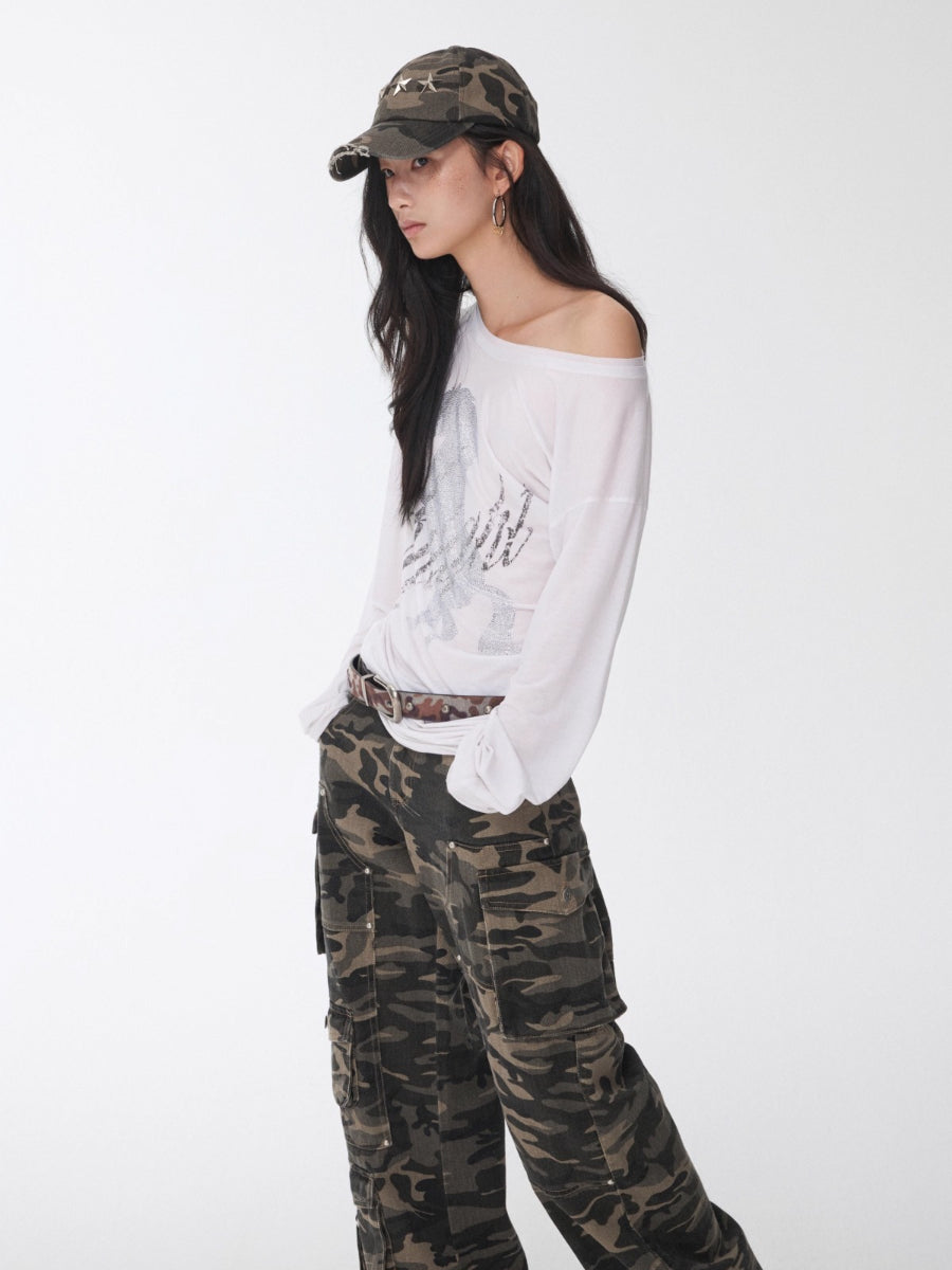 Distressed Star Studded Camouflage Baseball Cap