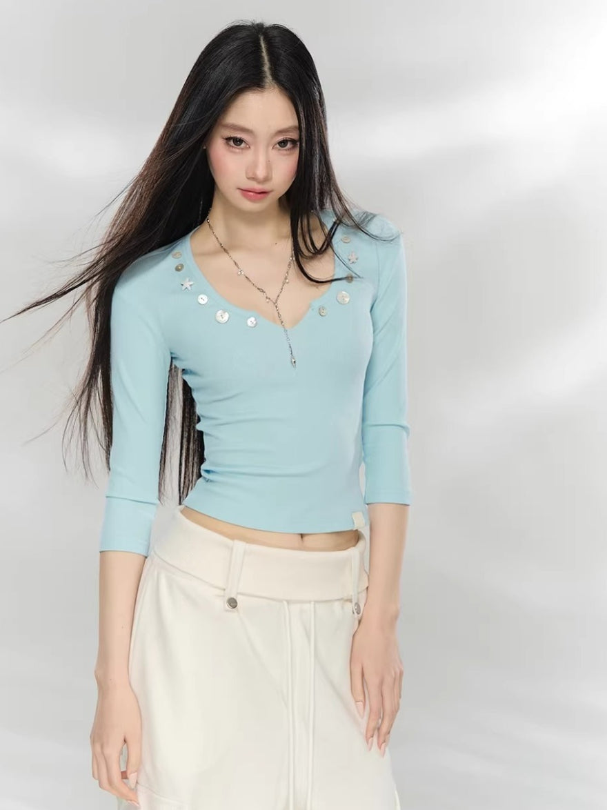 Embellished V-Neck Knit Top