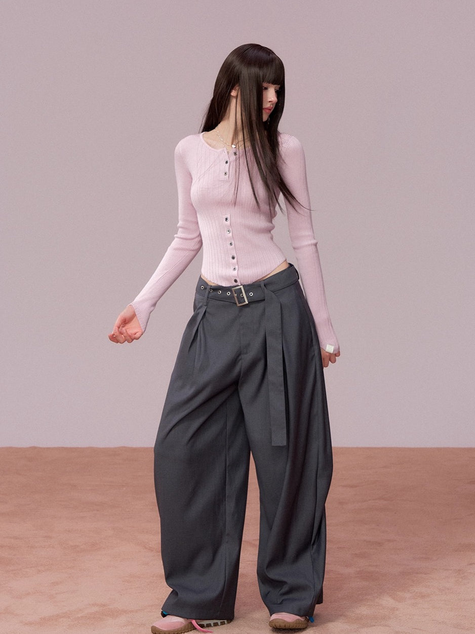 Ribbed Button Waist Knit T-shirt