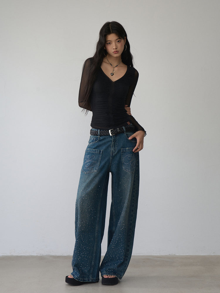 V-Neck Ruffled Mesh Slim Long-Sleeve Blouse