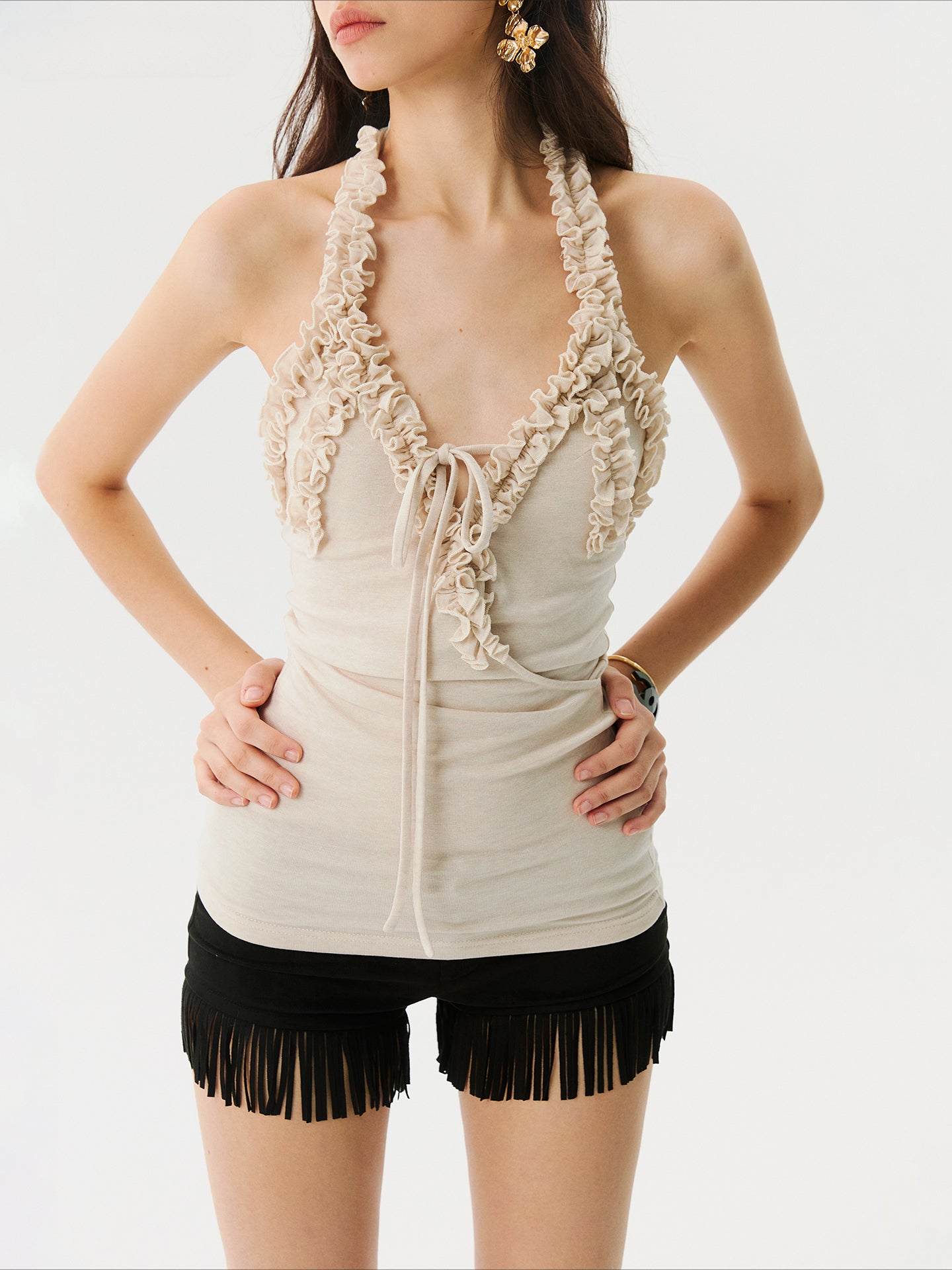 Beige Lace Crossover Strap Tank