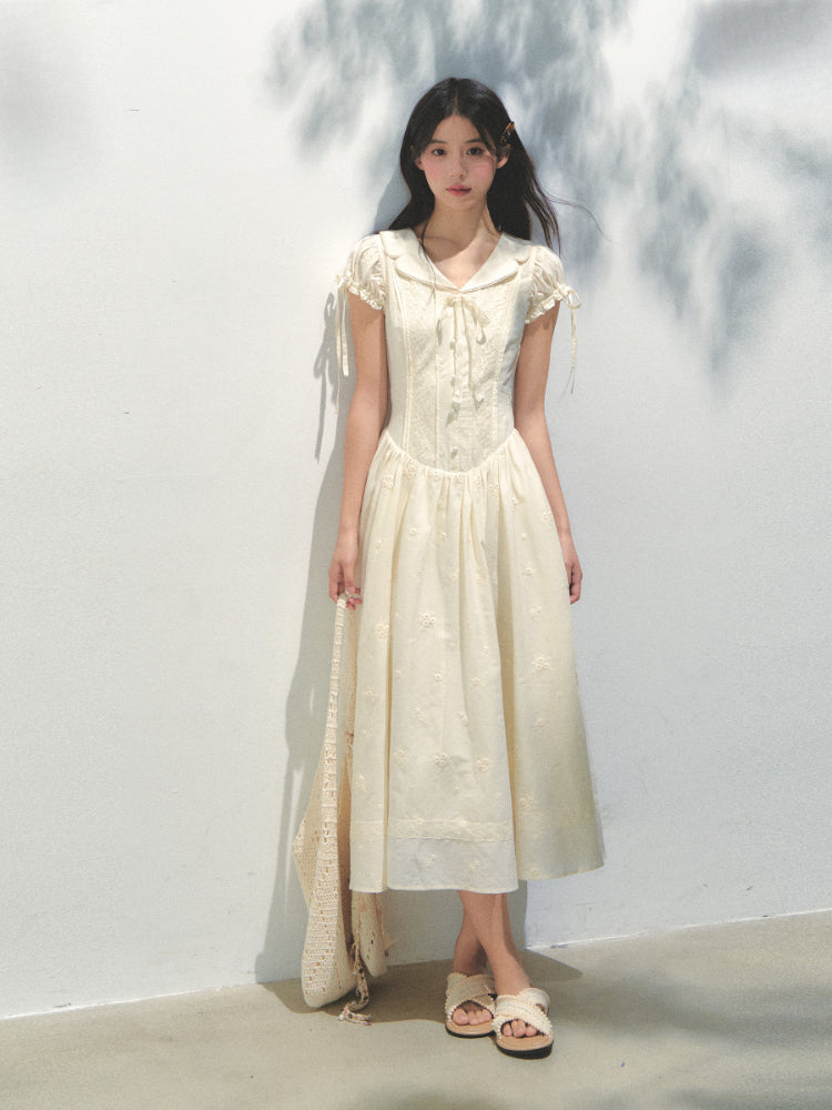 Embroidered Shirt-Collar Tea-Break Dress