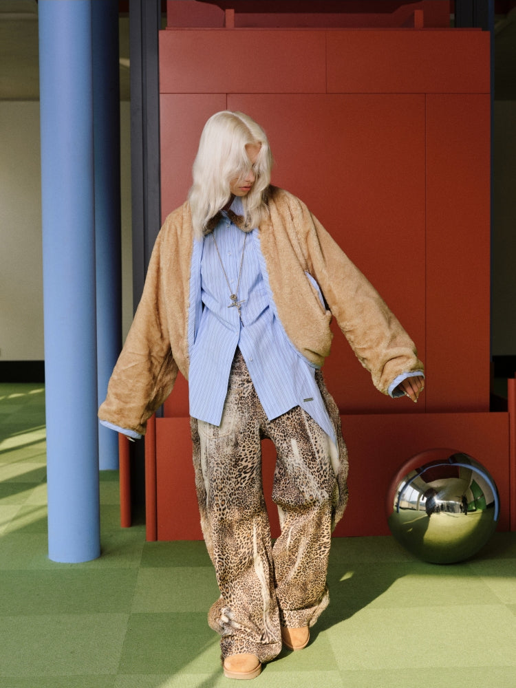 Striped Plaid Rabbit Fur Shirt