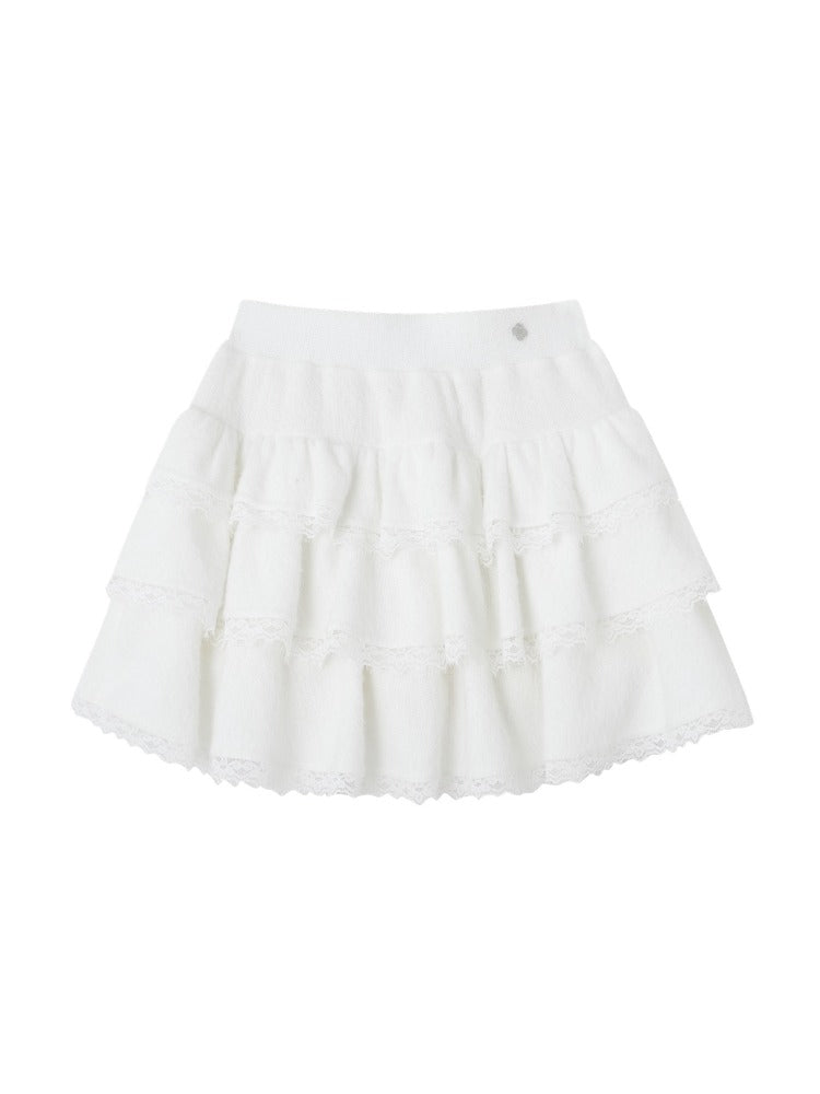 Lace-Panel Velvety Tiered Skirt