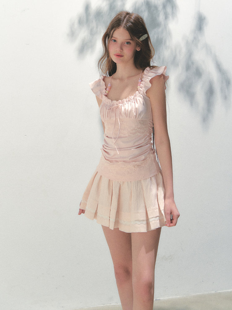 Pink Lace Flutter Sleeves Top