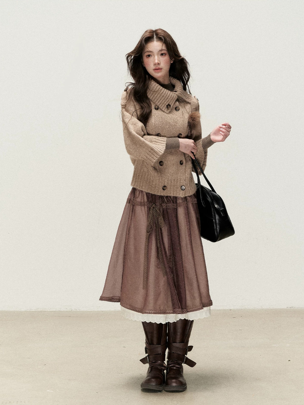 Double-Breasted Brooch Knit Cardigan