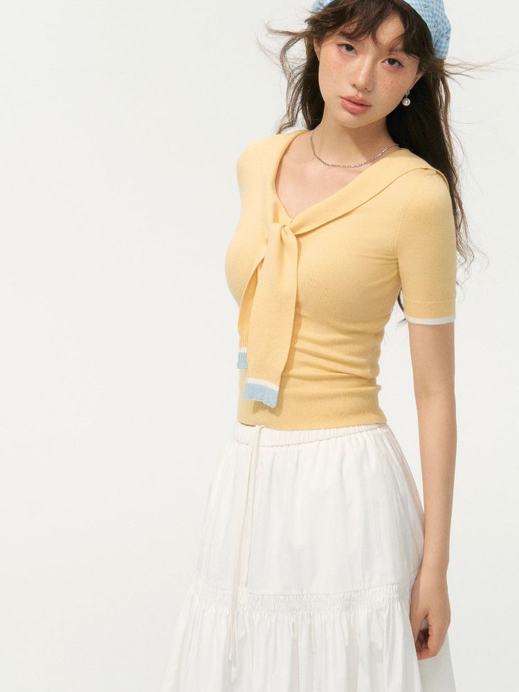 Preppy Style Collared Tie Knit Top