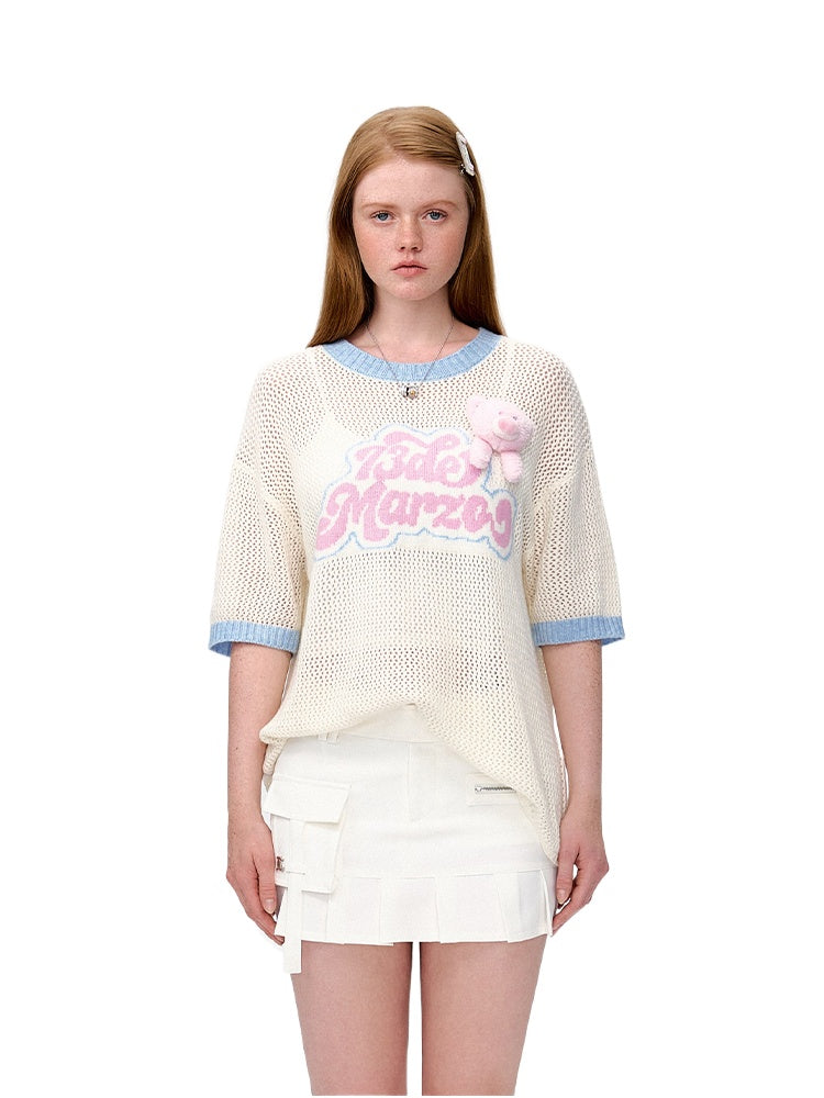 Hollow Color-Blocked Logo Round Neck T-shirt