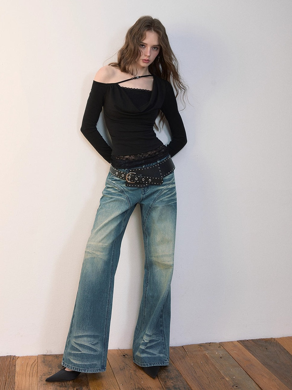 Asymmetric Beaded Drape T-shirt