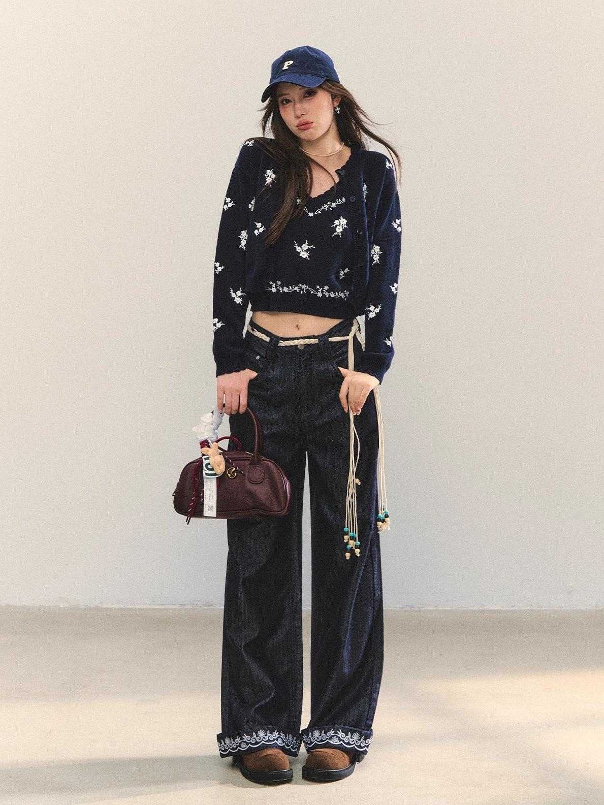 Navy Floral Embroidered Cardigan & Camisole Set
