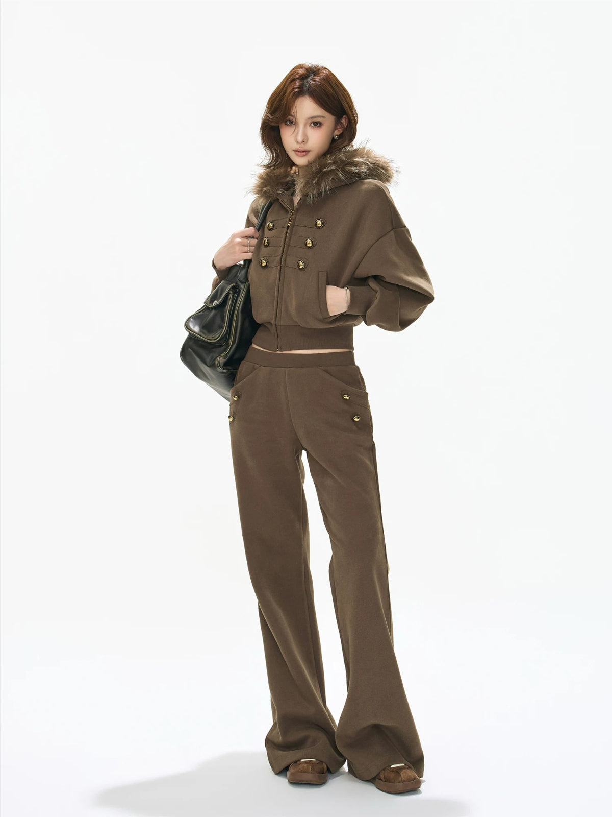 Caramel Hooded Cropped Wide-Leg Set
