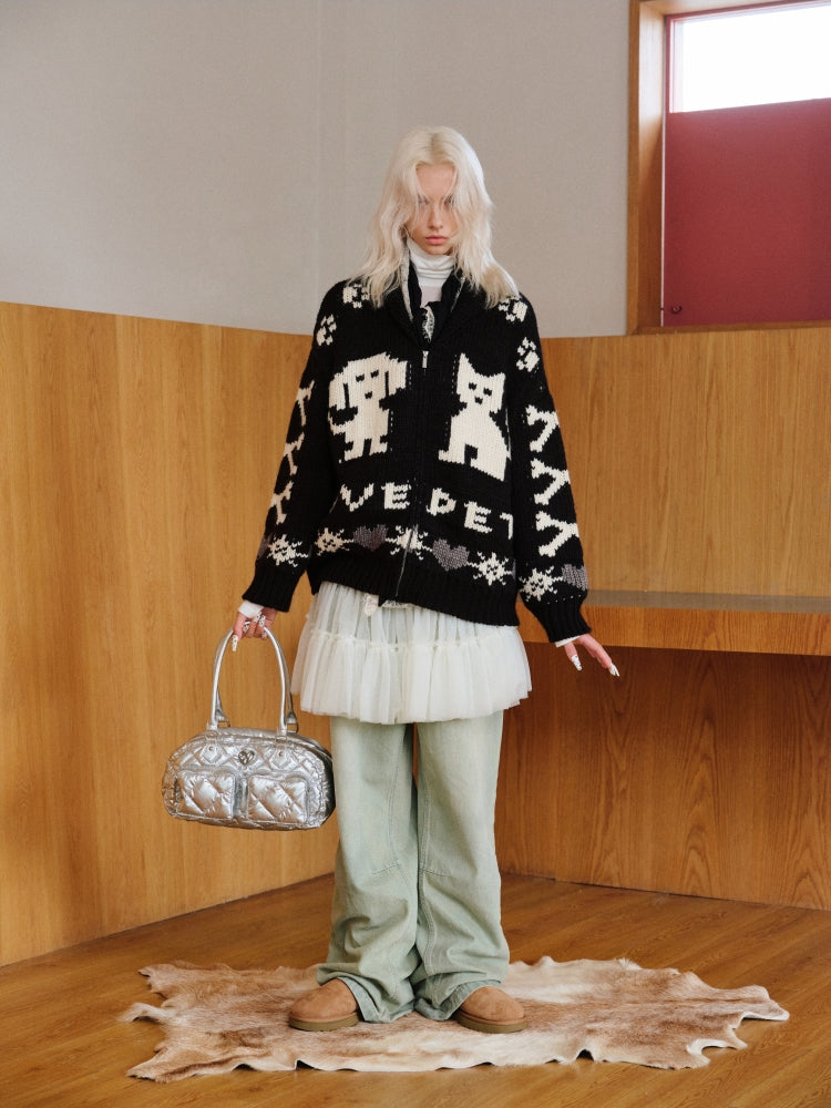 Vintage Jacquard Chunky Knit Cardigan