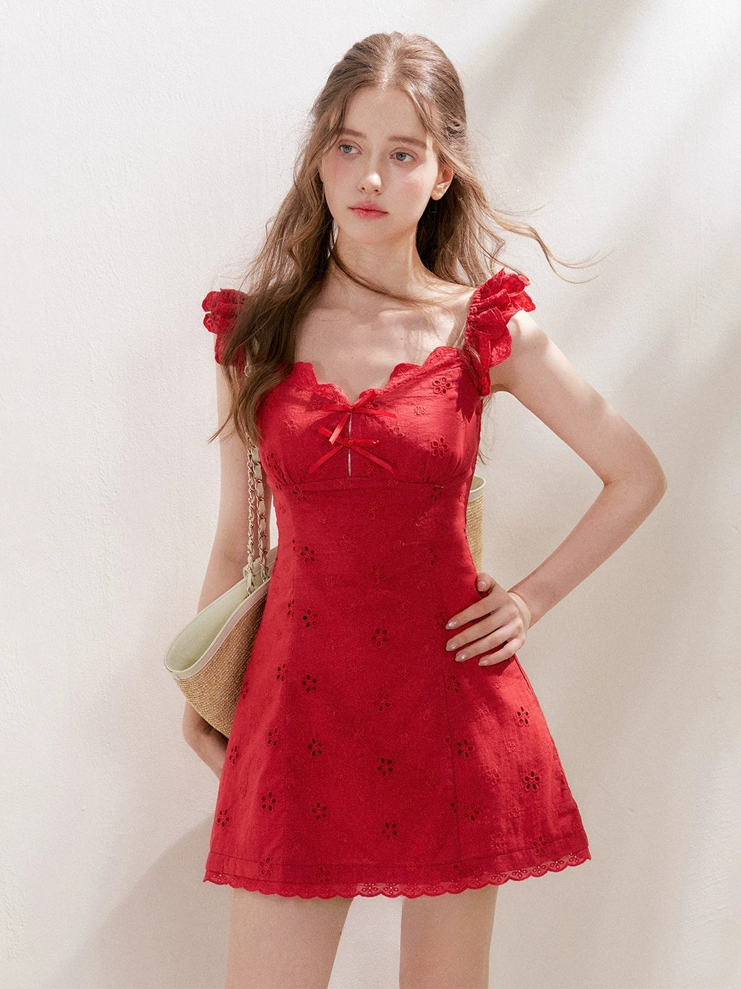 Red Embroidered Ruffle Dress