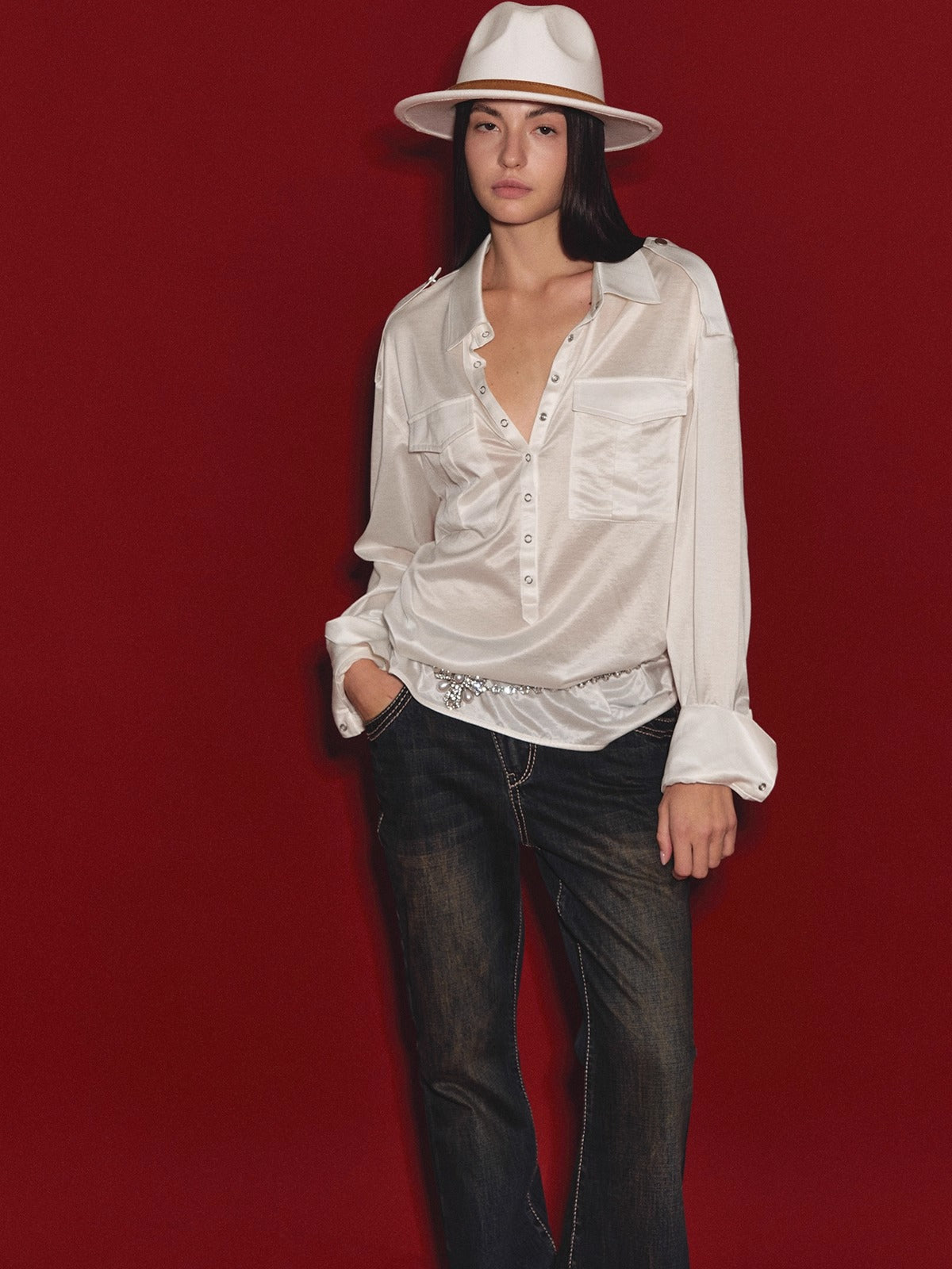 Satin-Sheen Knit Utility Shirt