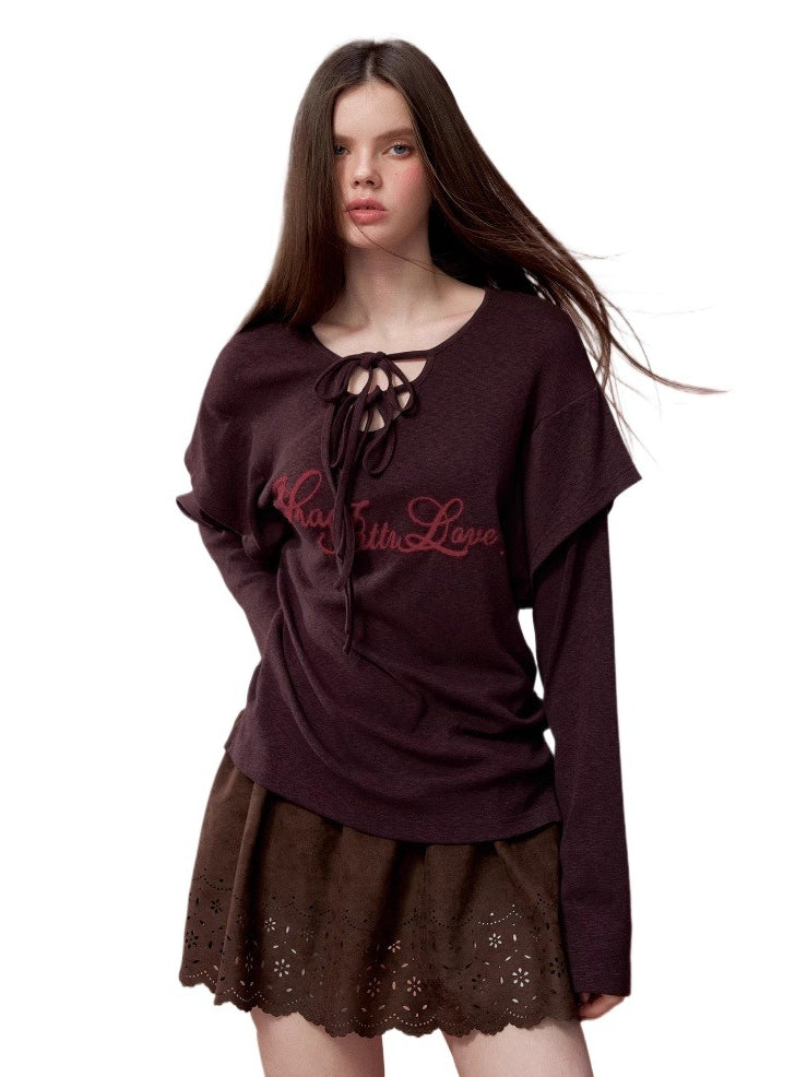 Purple Embroidered 2-in-1 Long Sleeve T-shirt