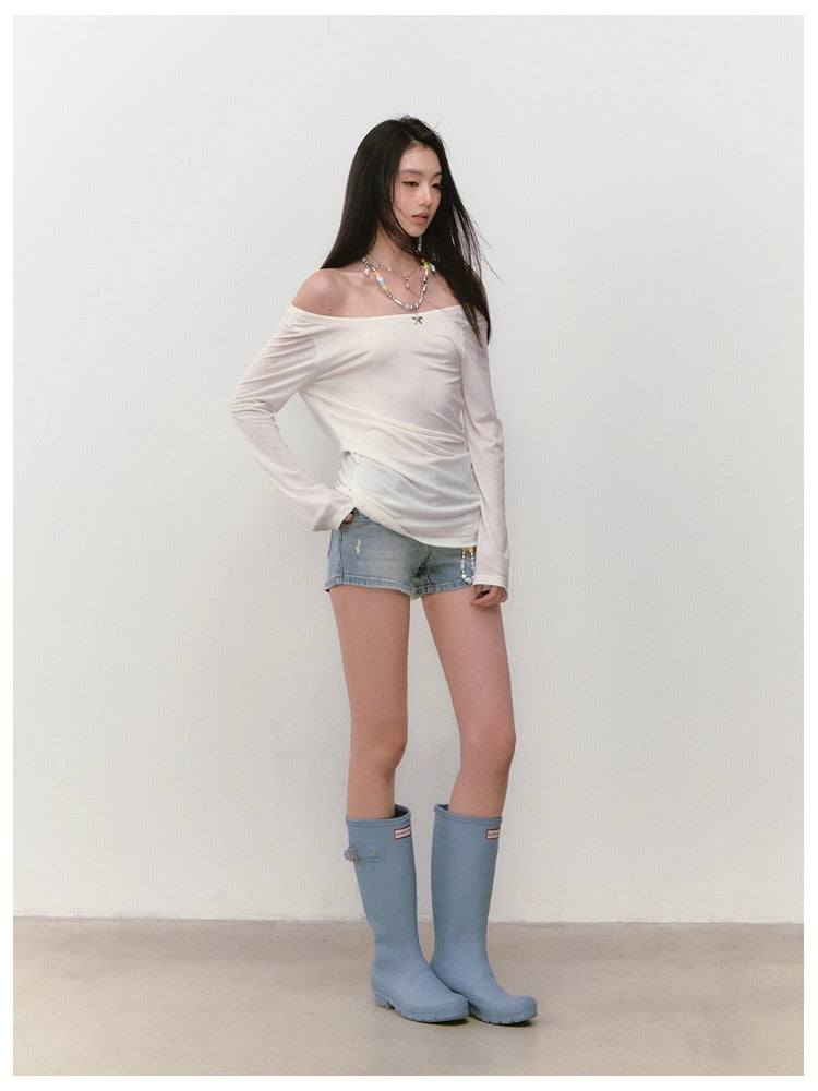 Off-Shoulder Backless Beaded Sun-protection T-shirt