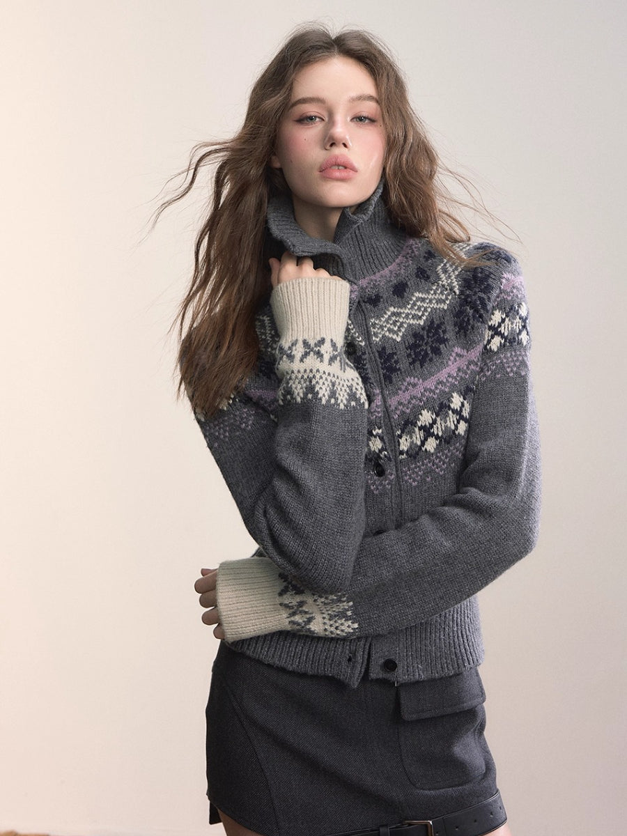 Fair Isle Heavy-Duty Knit Turtleneck Cardigan