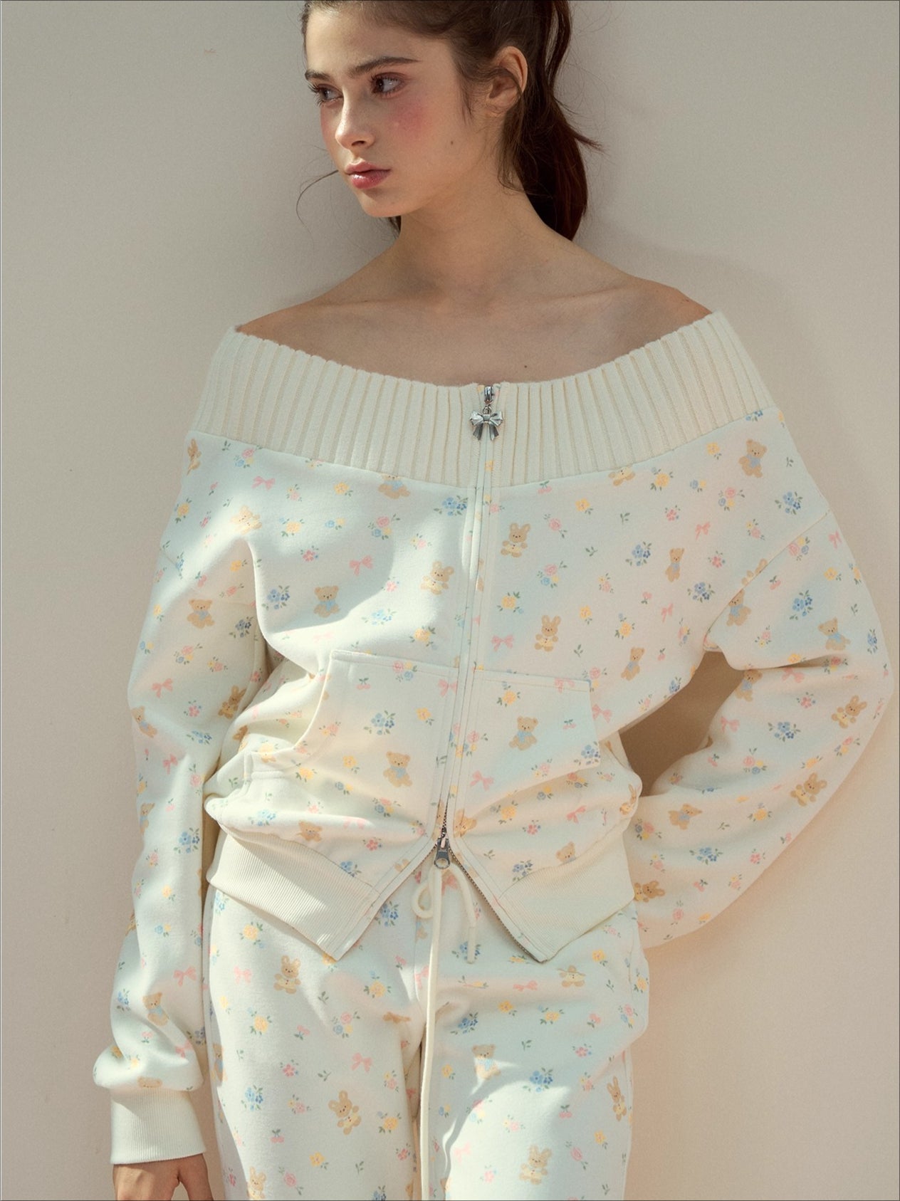 Floral Bear Bunny Off-Shoulder Sweatshirt & Pants Set