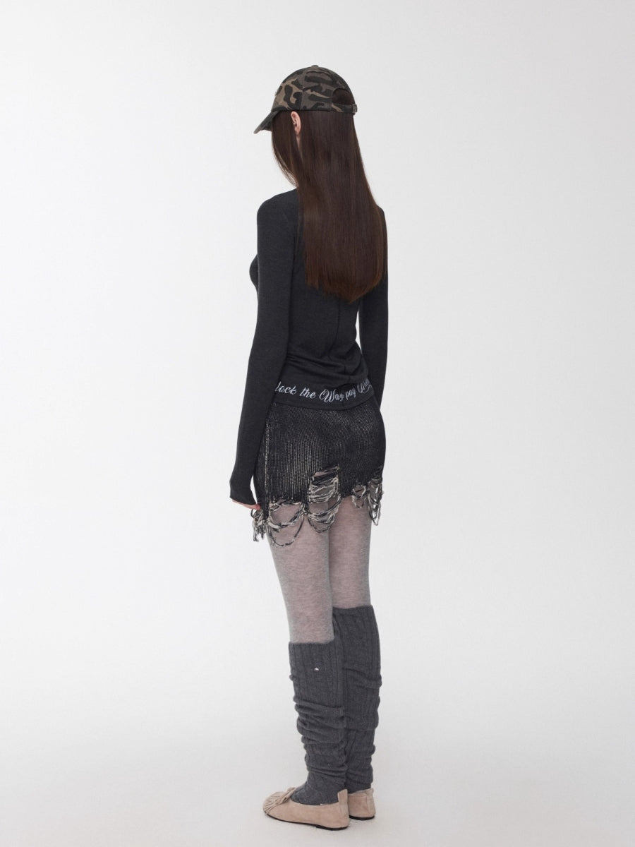 Basic Letter Print Semi-Sheer Long Sleeve Tee