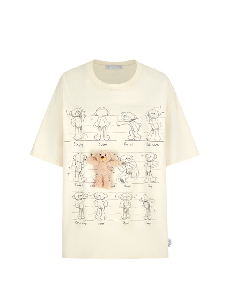 Draft Bear Illustration Round-Neck T-Shirt