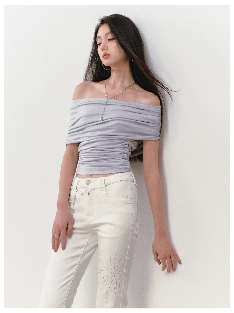 Rhinestone Off-the-Shoulder Pure-Desire Style T-shirt