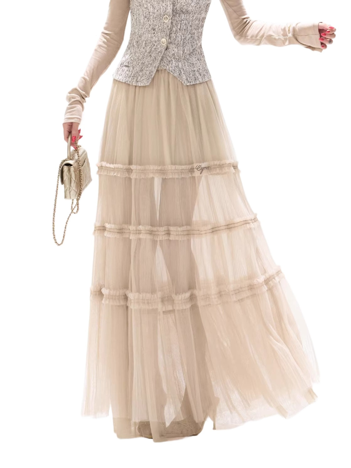 Champagne Pleated Mesh Skirt