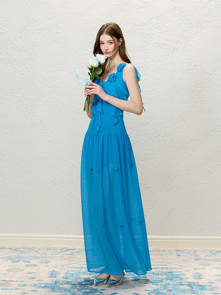 Blue Floral Ruffle Fitted Dress