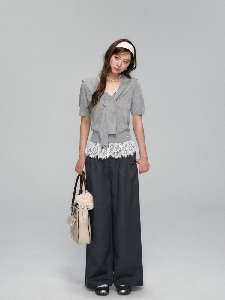Waistband Lace-spliced Faux Two-piece Long Pants