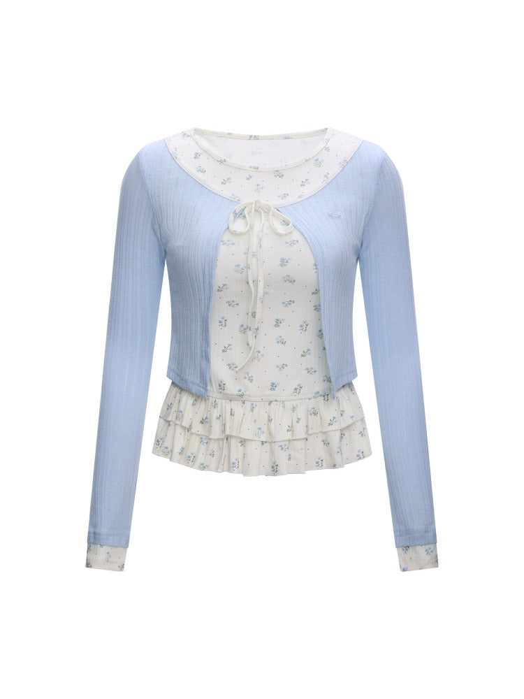 Floral Ruffle Faux Layered Knit Top