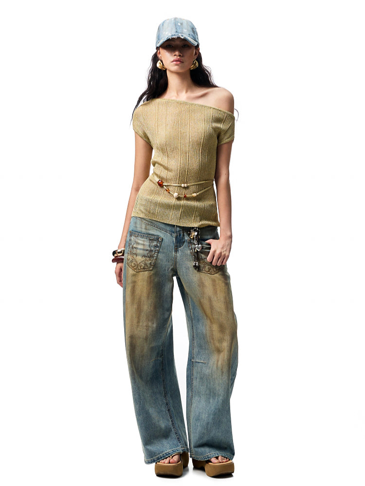 Asymmetric Shoulder Knit Short Sleeve T-shirt