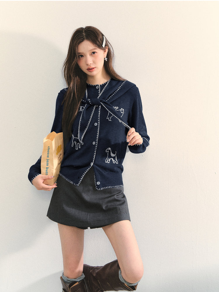 Puppy Embroidered Trim Hooded Knit Sweater