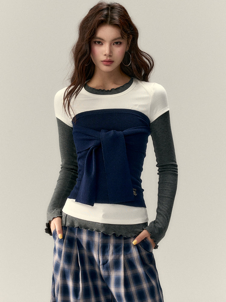 Gray & Navy Blue Tie-Knitted Top