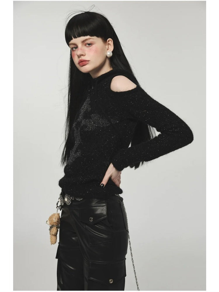Mohair Off-Shoulder Knit Hoodie