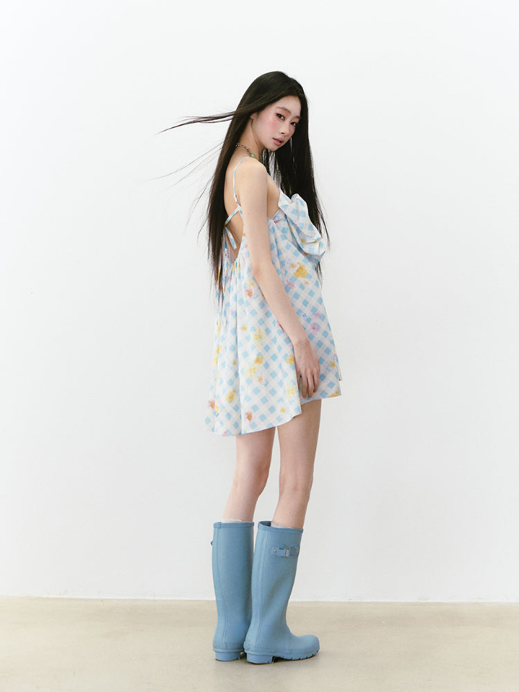 Plaid Floral Bow Print Spaghetti Strap Dress