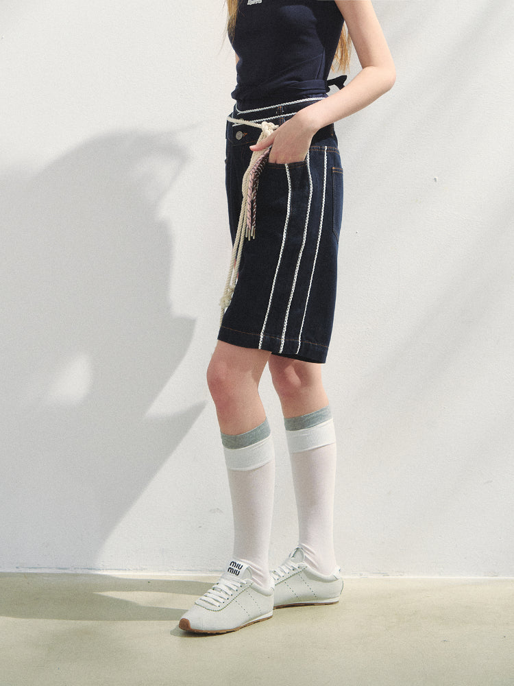 Lace-adorned Polka-dot Denim Capri Pants