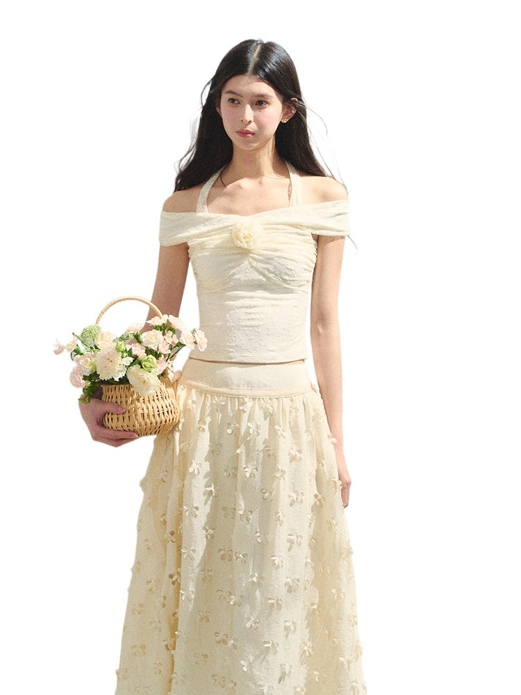 Off Shoulder 3D Flower Lace Short Top