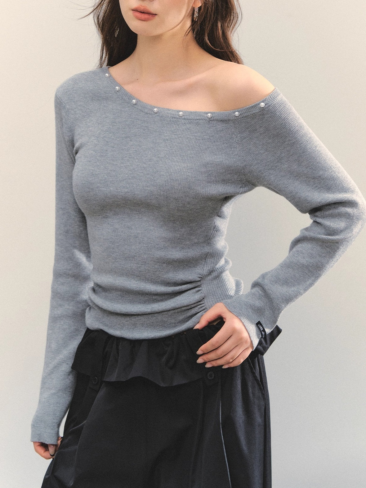 Pearl Trimmed Waist Cinching Knitted Top